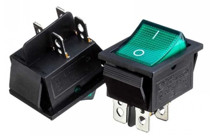 Переключатель KCD2-201/N ON-OFF 16А (4pin), 250V, зеленый 27.8х21.8мм Daier 1015690
