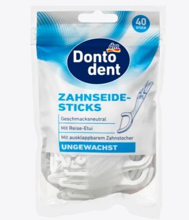 Зубочистки із зубною ниткою без воску Dontodent Zahnseide Sticks Ungewachst Mit Reise Etui 40шт. 4058172881534