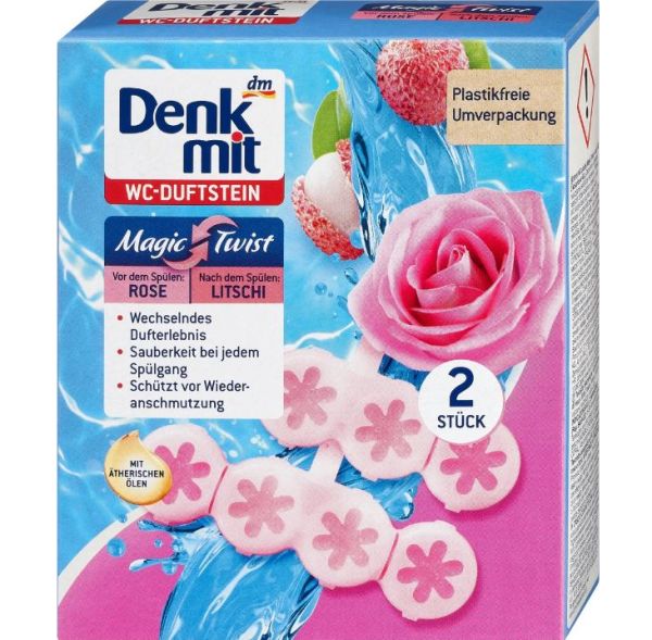 Ароматизатор для туалета в унитаз Denkmit Magic Twist Rose & Lychee 2шт Германия 4066447584646