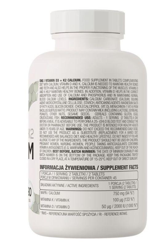 Вітамінний комплекс OstroVit D3+K2+ Кальцій 90 таблеток 5902232618624