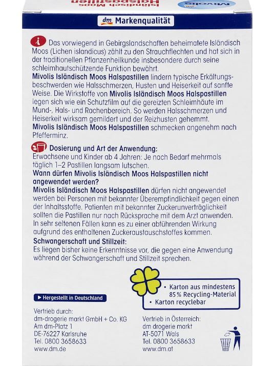 Льодяники для горла з ісландським мохом Mivolis Islandisch Moos Halspastillen 40шт 4058172694912