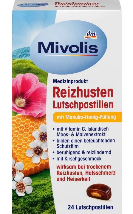Леденцы для горла исландский мох и мед Mivolis Reizhusten-Pastillen Manuka 24шт 4066447656824