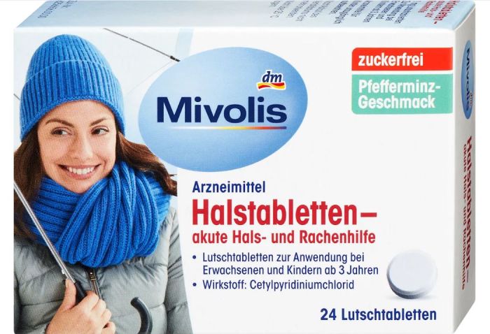 Таблетки від болю в горлі та горлянці Mivolis Halstabletten – akute Hals- und Rachenhilfe 24таб. 4058172695384