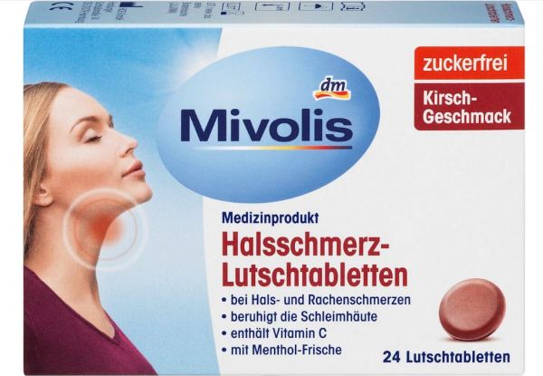 Леденцы от боли в горле Mivolis Halsschmerz-Lutschtabletten 24шт 4058172320934