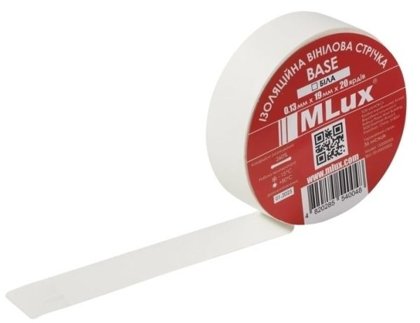 Ізоляційна стрічка високоякісна MLux BASE полівінілхлорид 19ммх20 ярдів біла 152000005