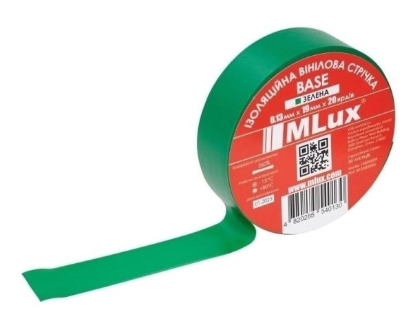 Ізоляційна стрічка високоякісна MLux BASE полівінілхлорид 19ммх20 ярдів зелена 152000009